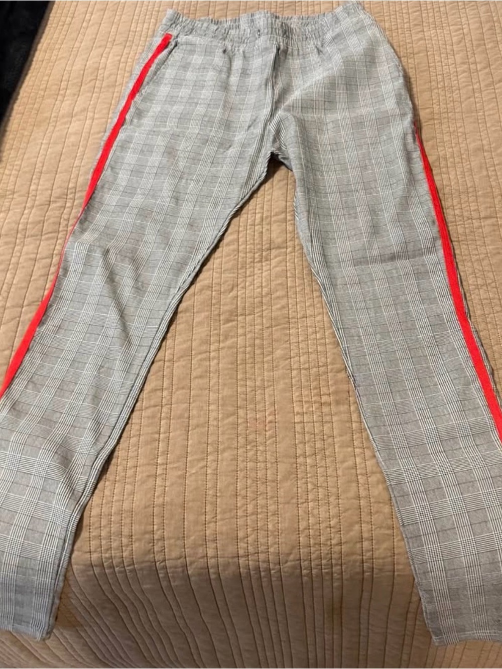 Men's Gray Plaid pants with Red Side Stripe